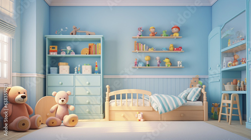 Child room boy bedroom interior pastel blue color