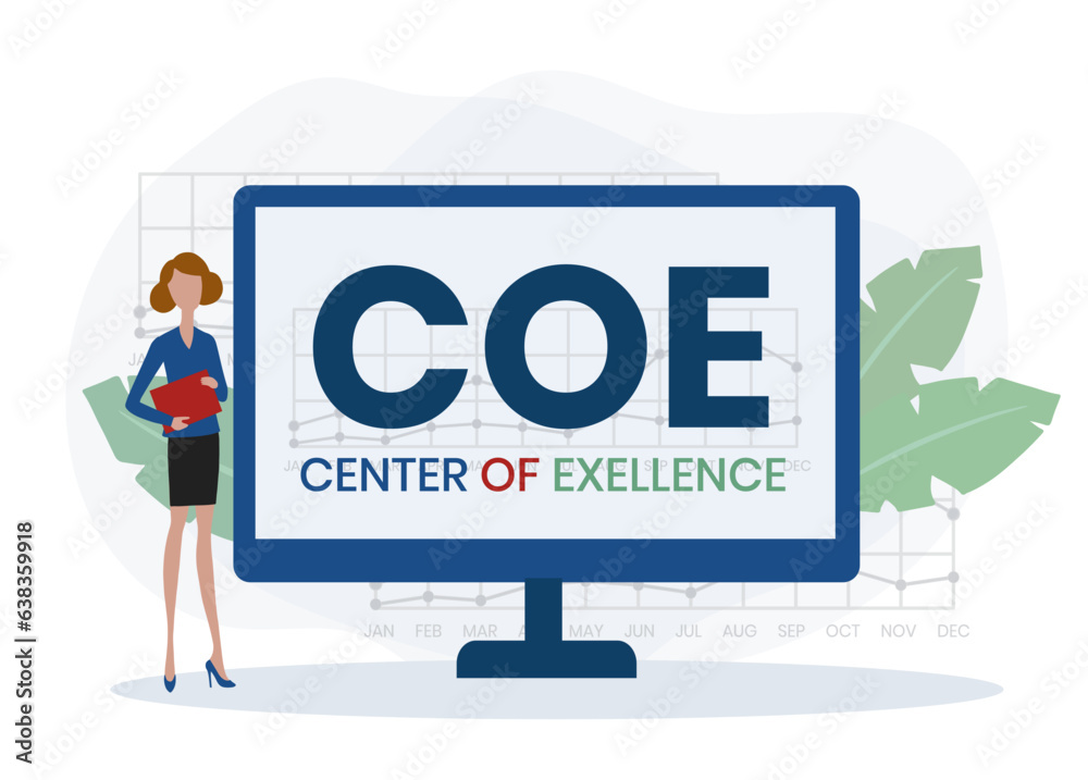 COE - Center of Excellence acronym. business concept background. vector illustration concept with keywords and icons. lettering illustration with icons for web banner, flyer - obrazy, fototapety, plakaty 
