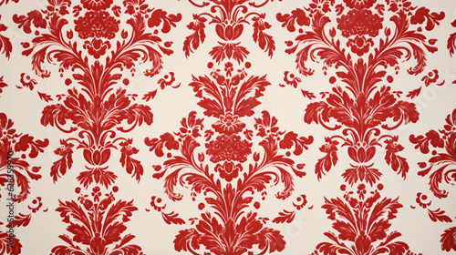 Red wallpaper vintage flock with red damask design on white background