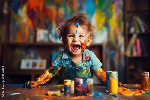 Colorful Creations: Happy Child Using Painted Hands for Art. Generative Ai