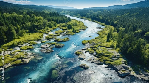 Fototapeta Naklejka Na Ścianę i Meble -  drone shot of a river running through a green forest.