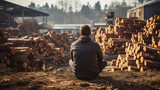 a man sits on a thick log in a sawmill. back view.