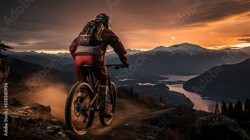an athlete rides his mountain bike down a hill at a dramatic sunset. back view. © jr-art