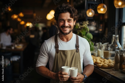 Portrait of smiling barista with tho cups of coffee in his hands