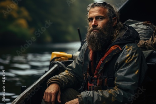 Portrait of young adult fisherman in a boat