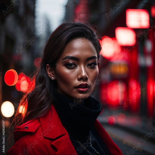 photo of woman in red cloth at street night with light, generative AI
