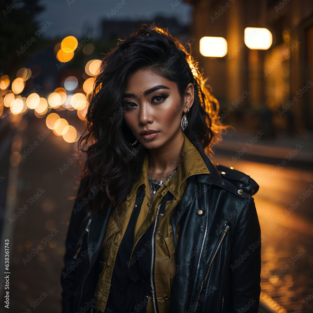 photo of woman at street night with light, generative AI photo of woman at street night with light, generative AI
