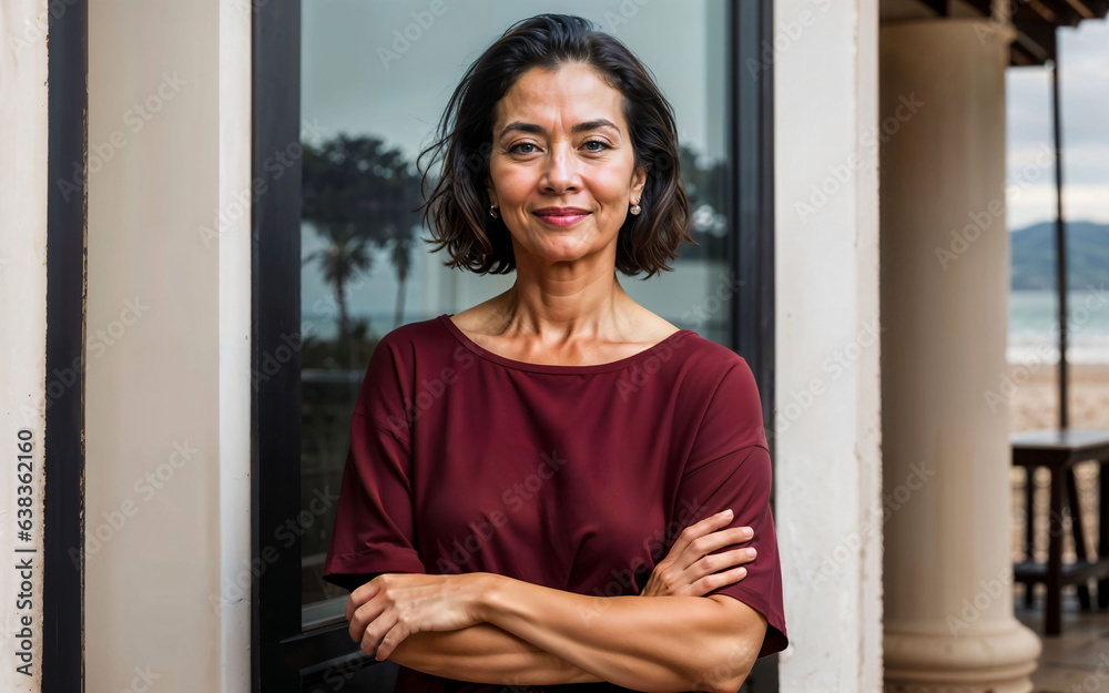 photo of middle aged old woman at house near sea beach, generative AI photo of middle aged old woman at house near sea beach, generative AI