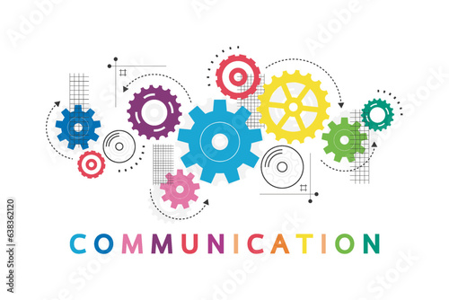 Vector illustration of a communication concept. The word communication with colorful dialog speech bubbles