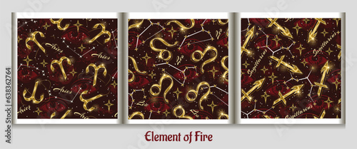 Seamless patterns with golden icon of zodiac sign Aries, Leo, Sagittarius, constellation with stars, text, third eye, all seeing eye. Esoteric concept. For prints, clothing, t shirt, surface design