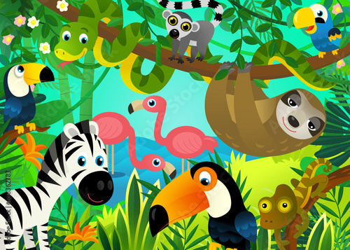 Fototapeta Naklejka Na Ścianę i Meble -  cartoon scene with jungle and animals being together with tucan bird illustration for children