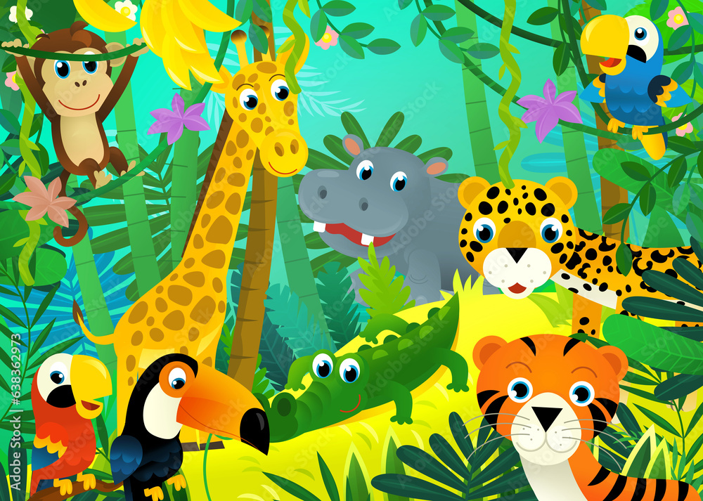 cartoon scene with jungle and animals being together with tucan bird illustration for children cartoon scene with jungle and animals being together with tucan bird illustration for children