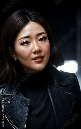 photo of asian woman in jacket outfit with colorful light in background, generative AI