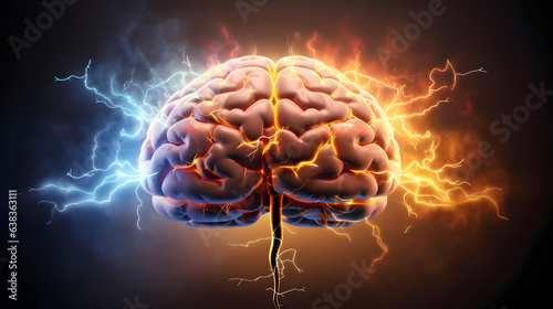  Human brain with lightning electric connection, smart idea concept. Generative AI