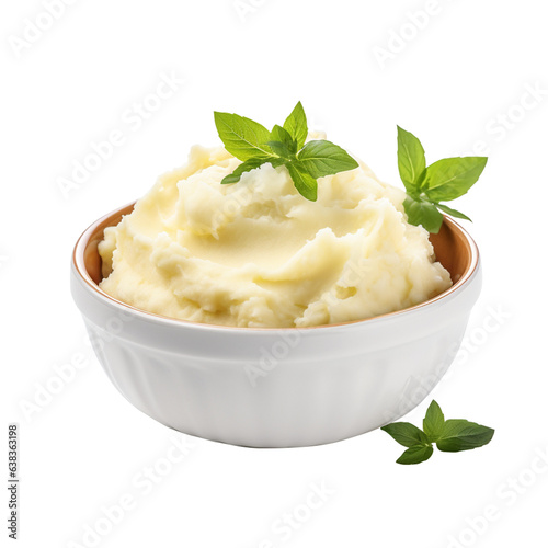 mashed potatoes in a bowl isolated on white background, png file.