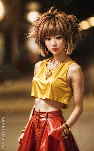 photo of teenage playful asian woman with accessories and mullet hairstyle, generative AI