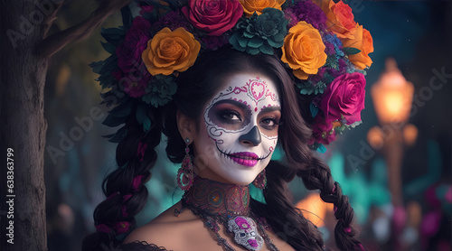 beautiful woman with painted skull on her face for Mexico s Day of the Dead