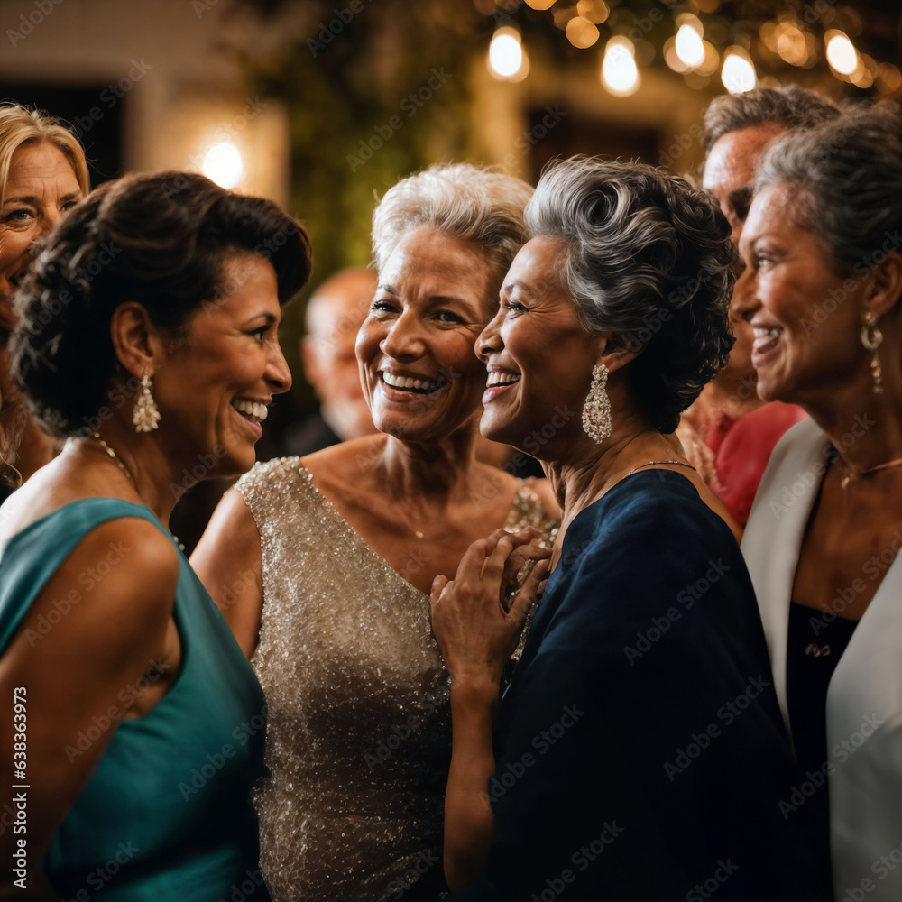 group of happy middle aged old woman at the night party, generative AI