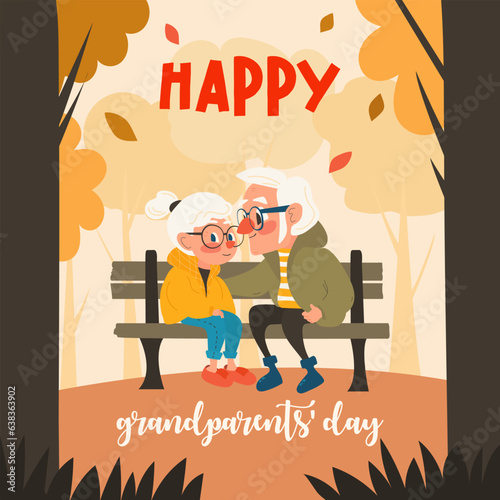 Illustration of grandparents day card in cartoon style. Wishing couple sitting in a park on a bench in an embrace Banner with image of happy pensioners dancing for congratulations