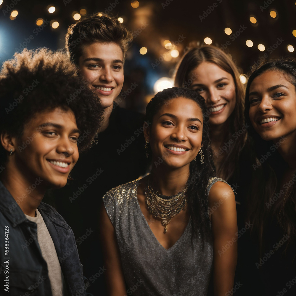 Fototapeta premium group of happy young teenage at the night party, generative AI