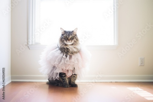Еabby grey cat in funny princess halloween costume. Birthday feline cat. Funny pet child at home