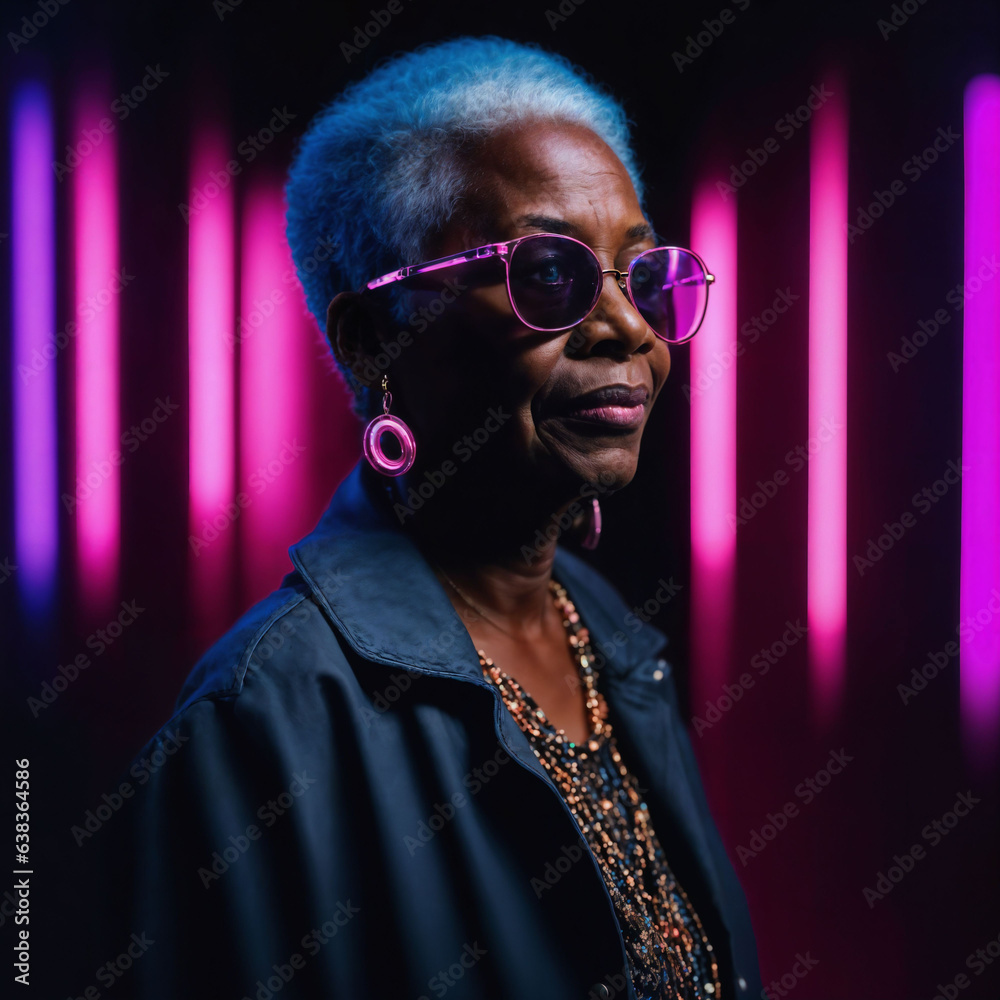 Obraz premium photo of middle aged old African woman with with mixed pink and blue neon light, generative AI