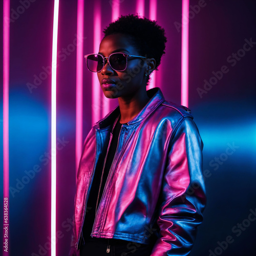 photo of beautiful african woman with with mixed pink and blue neon light, generative AI