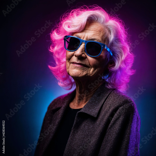 photo of middle aged old woman with with mixed pink and blue neon light  generative AI