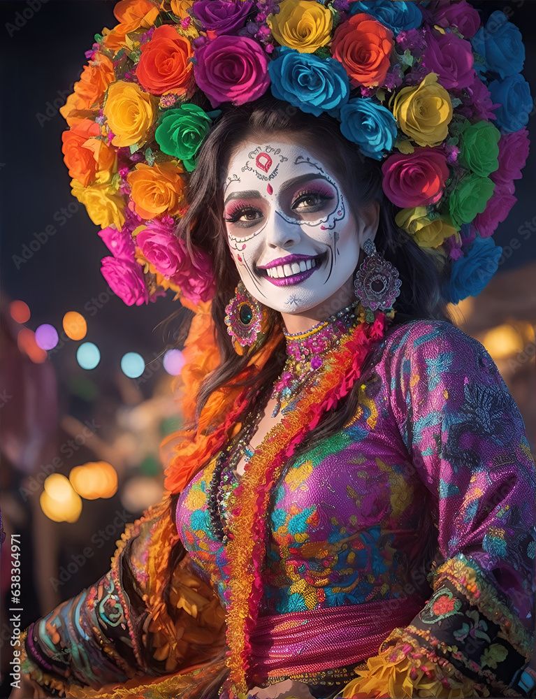 beautiful woman with painted skull on her face for Mexico's Day of the Dead beautiful woman with painted skull on her face for Mexico's Day of the Dead