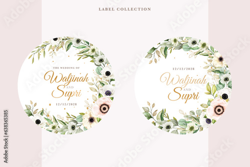 Watercolor poppy anemone label stickers illustration