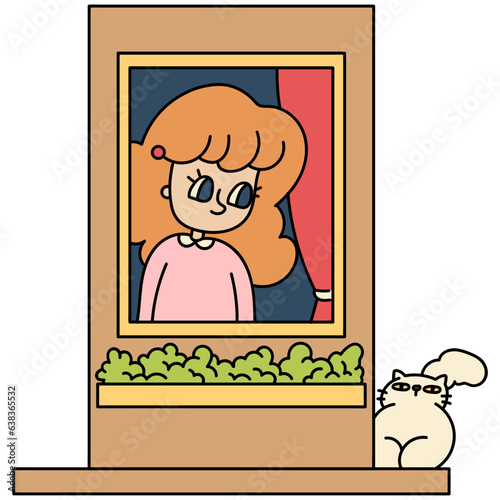Window with girl and cat cartoon illustration