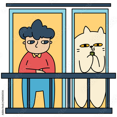 Window with man and cat cartoon illustration