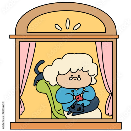 Window with grandmother and cat cartoon illustration