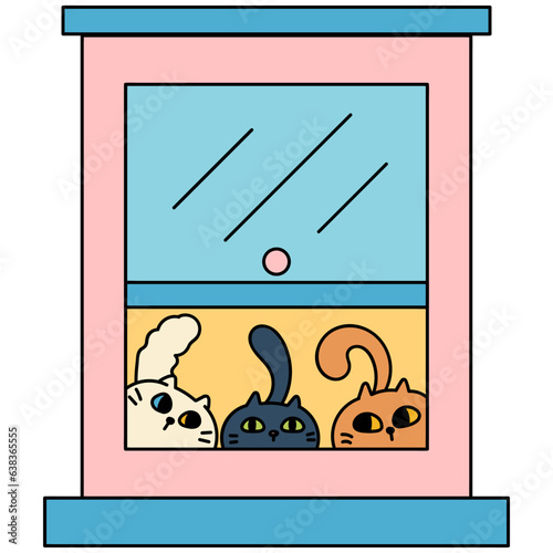 Window with three kittens cartoon illustration