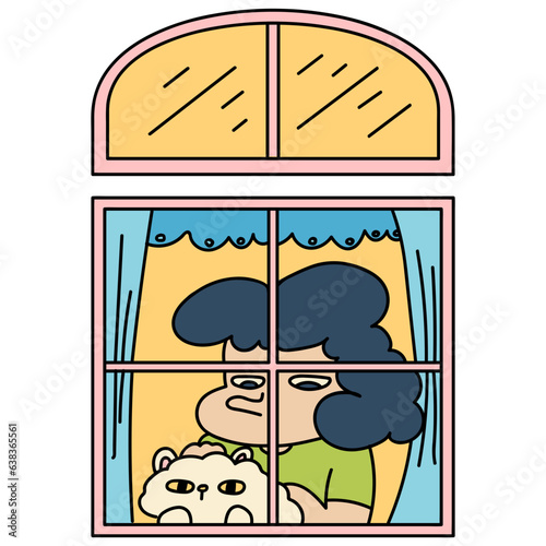 Window with woman petting cat cartoon illustration