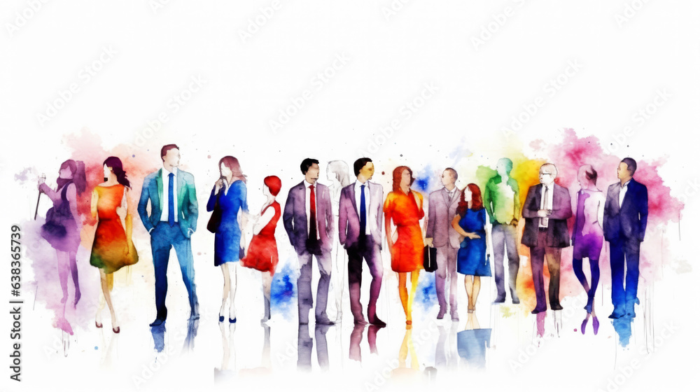 Fototapeta premium Abstract colorful art watercolor painting depicts a diverse group of, Teamwork businesspeople diversity of maintaining peace on the planet concept