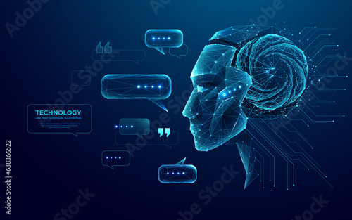 Canvas Print Abstract head of the humanoid robot android with talk bubble speech in futuristic low poly wireframe style