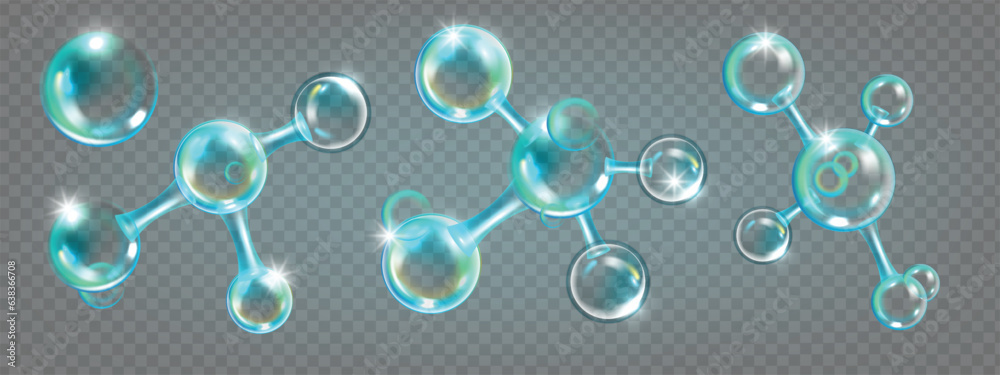 3D molecule oxygen icon set, vector cosmetic skin care bubble nano formula kit, chemistry DNA cell. Science nuclear structure model, atom medicine collagen element blue glass sphere. 3D molecule