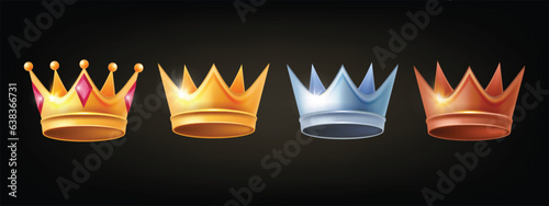 3D crown game badge set, golden silver bronze queen king vector majestic tiara icon kit royal logo. Victory success princess premium reward, RPG classic metal medieval coronet. UI game level up crown