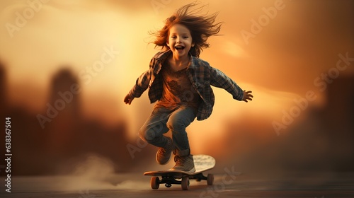 Happy joyful child riding a skateboard, close-up. © Vadim