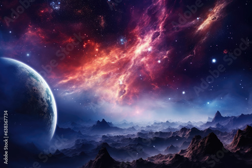 Picture fictional space  swirling nebulas  distant stars  alien planets