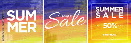 Summer Sale Poster Collection. Watercolor Sunset on beach background. Gradient. Summer Sale typography. Palm leaves. Tropical. Vector Illustration. Up to 50% with shop now CTA. Square Format.
