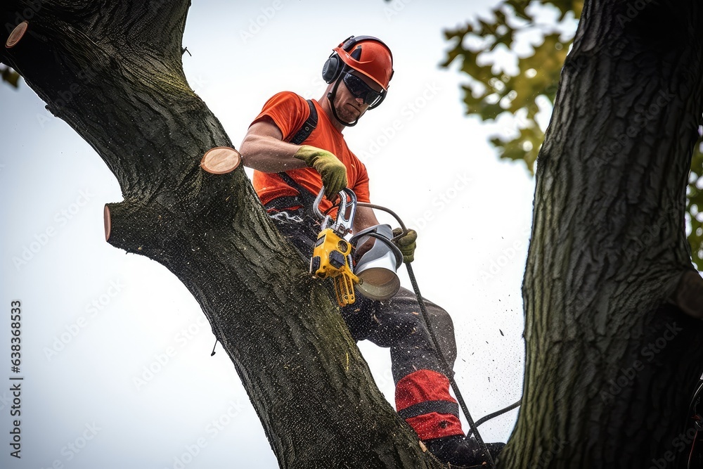 Arborist trims tree branch with chainsaw and heavy equipment. Photo generative AI - obrazy, fototapety, plakaty 