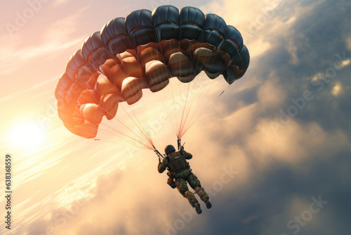 Skydivers free-fall, parachute at sunset; thrilling active sport of parachuting..