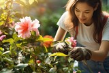 Unrecognizable woman pruning flowers in garden. Photo generative AI