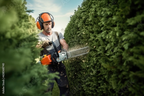 Adult man in protective workwear trimming hedge with power saw. Photo generative AI