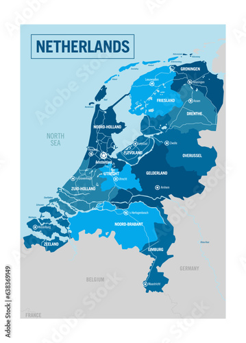 Netherlands, Holland country political map. Detailed vector illustration with isolated provinces, departments, regions, counties, cities and states easy to ungroup.