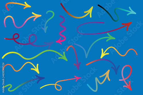 Arrow icons set. Colored arrow symbols with gradient. The arrow is isolated on a blue background, arrows of different colors and shapes.Vector illustration.