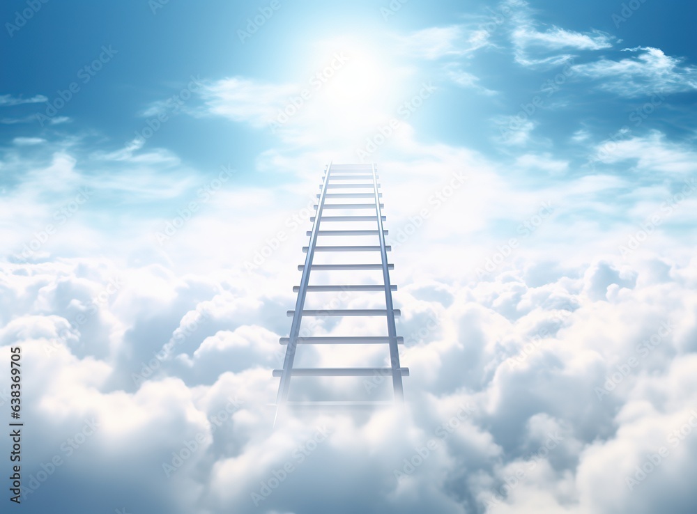 Ladder through the clouds heaven in blue sky, stair over clouds concept freedom of spirit, love, religious symbol paradise Generative AI