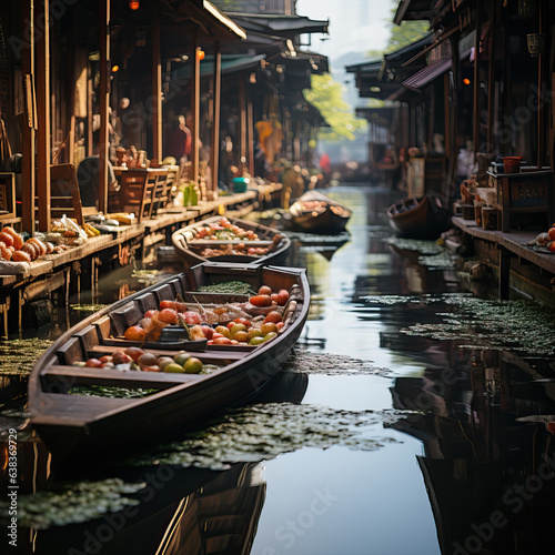 Floating market in Asia, boats with goods. © Andreas